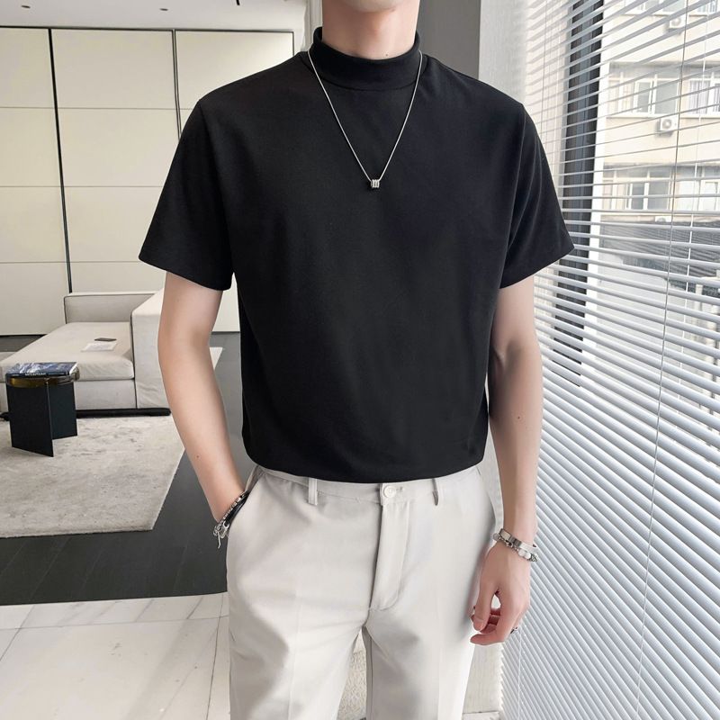 Camicia da uomo estiva in seta ghiacciata, a maniche corte, con collo alto, tinta unita, versatile, vestibilità slim_voghion.com