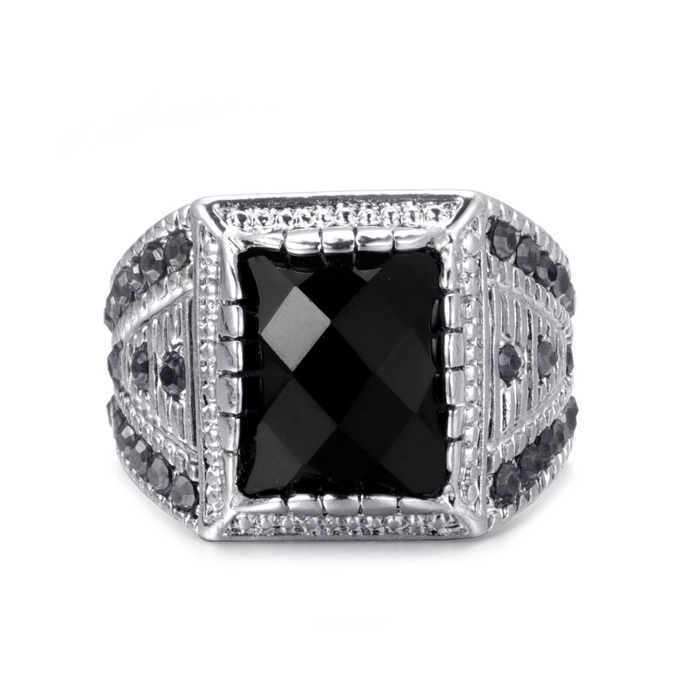 Punk Big Name Hip Hop Punk Rock Fashion Street Ring Naturalny czarny kamień szlachetny Posrebrzany Wykwintny grawerowany pierścień unisex_voghion.com