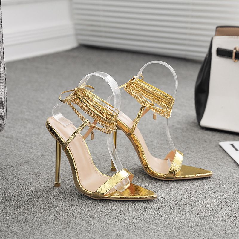 Women's new chain open toe pointed high heels women's stiletto sexy strappy Roman style sandals_voghion.com