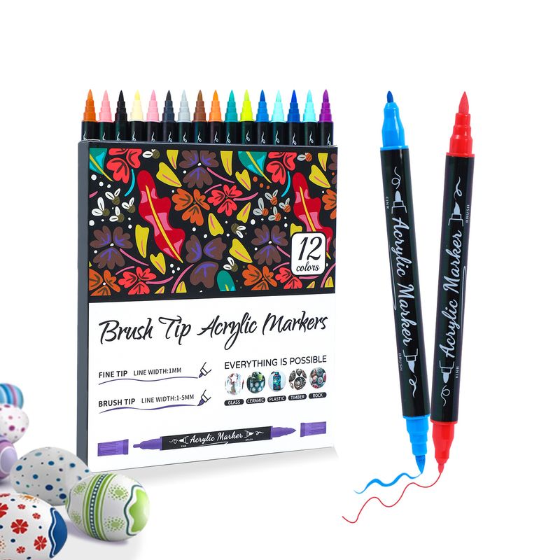 Waterverfkwastmarkers met dubbele punt voor kinderen - Set van 24 kleuren acrylverfmarkers die gemakkelijk te mengen zijn, zachte kwast en fijne punt om te tekenen_voghion.com