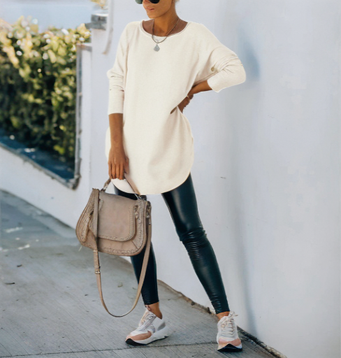 Women's off-the-shoulder solid color loose plus size line neck sweater_voghion.com