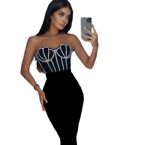 Trägerloses Damen-Top mit Strass-Reißverschluss – Elegante Partykleidung, Schwarz, Größen XS/S/M/L. Modisches Tube-Top mit Diamant-Reißverschluss_voghion.com