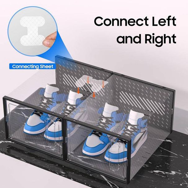 Caixas magnéticas para sapatos com abertura frontal - Organizadores empilháveis de PP transparente com design listrado (conjunto de 2/4/6, orifícios de ventilação longos, 33,5 x 25 x 18,5 cm)_voghion.com