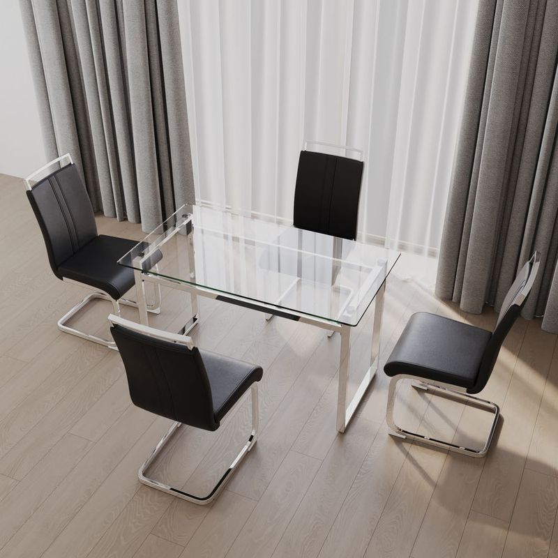 51 Inch Glass Dining Table Set For 4, Dining Table &amp; Chair Sets With Silver Plating Legs For Kitchen, Modern Rectangle Tempered Glass Table Top_voghion.com