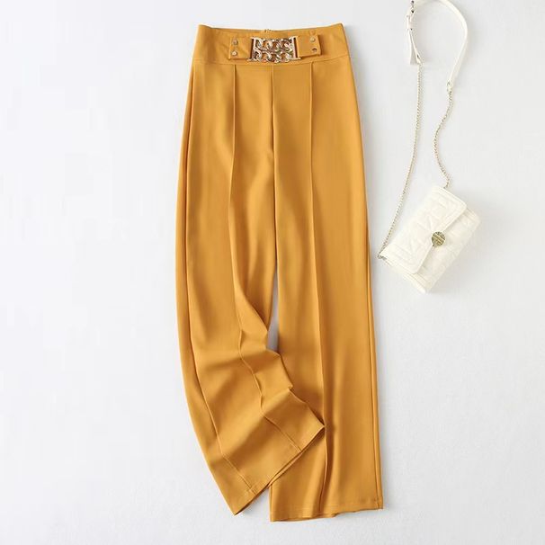 Women's Clothing new elegant solid color slightly elastic drape high waist slim trousers casual trousers women's wide leg trousers_voghion.com