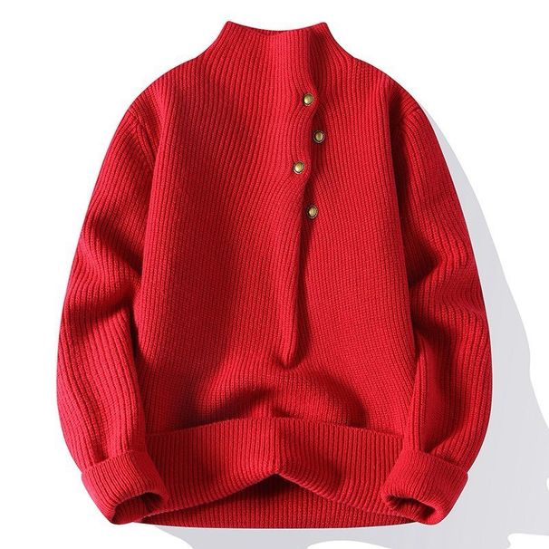 Herren-Grobstrickpullover – Halber Rollkragen & asymmetrische Knöpfe (Rot/Schwarz/Grau/Weiß, Größen M-4XL)_voghion.com