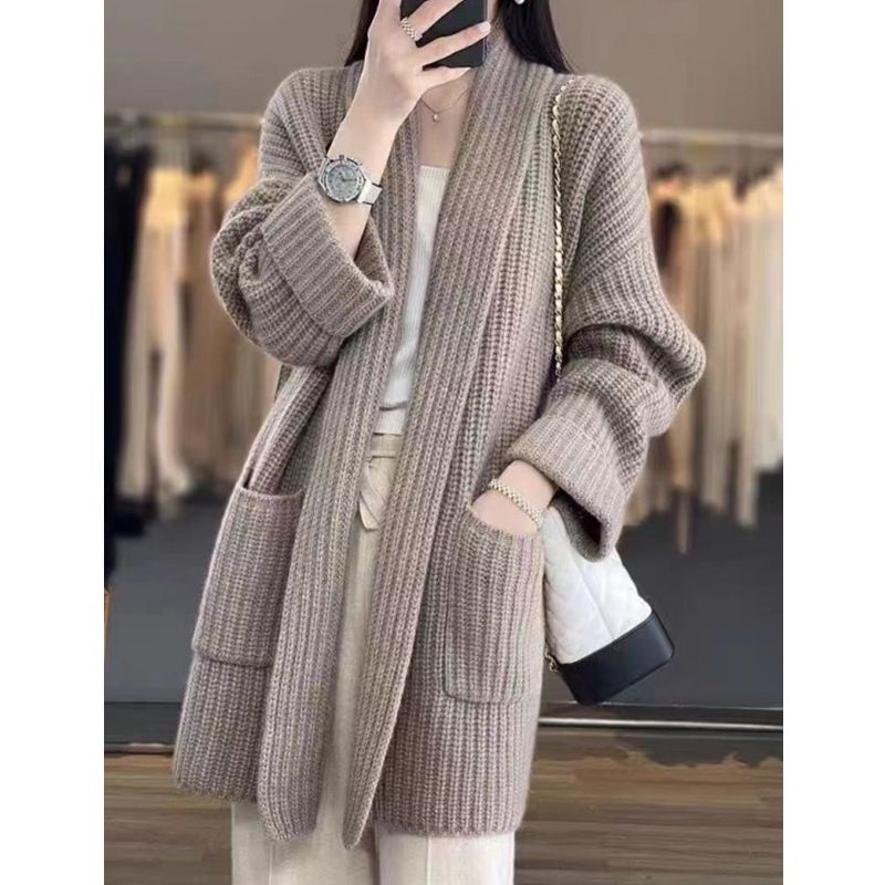 autumn and winter lazy style thick line plus size sweater cardigan elegant mid-length loose knitted thickened coat for women_voghion.com