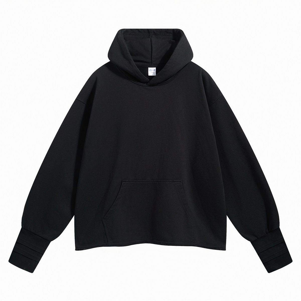 Bluza z kapturem w stylu spranym – mankiety z surowymi krawędziami i warstwowy krój rękawów, luźny sweter z opadającymi ramionami i kieszenią na myszkę_voghion.com