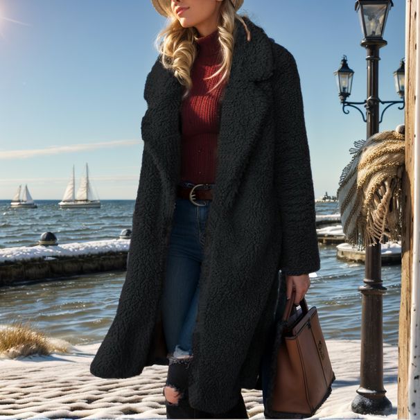 Damenbekleidung langärmlige Revers-Plüschoberteile für Damen, verlängerte Mäntel, doppelseitiges Lammfellvlies_voghion.com