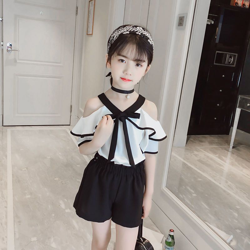 Mother & Kids Girls summer suits 2024 new children's summer sling off-shoulder chiffon tops children's Korean version two-piece suits trendy_voghion.com
