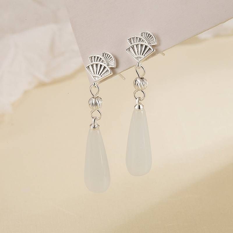 White Chalcedony Sterling Silver Water Drop Earrings for Women New Chinese Style Long Dangle Earrings Jewellery Gift_voghion.com