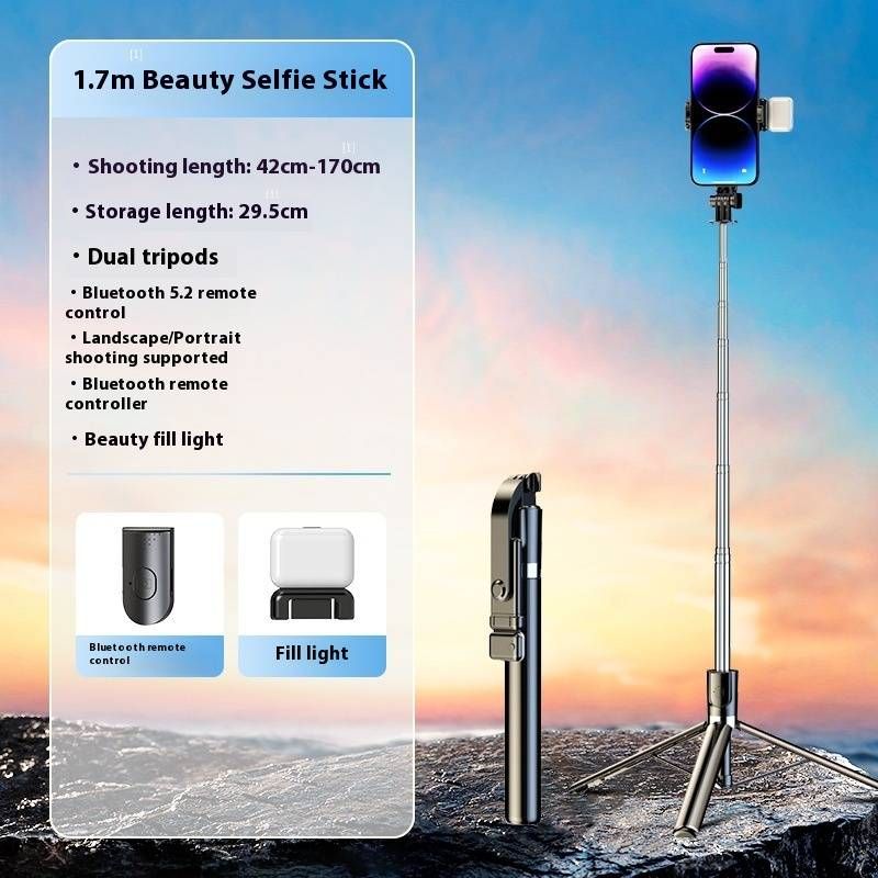4-Achsen-stabilisiertes Selfie-Stick-Stativ mit Bluetooth-Fernbedienung und zwei Beauty-Lichtern – 1,3 m/1,7 m ausziehbare Telefonhalterung für Vlogging und Live-Streaming_voghion.com