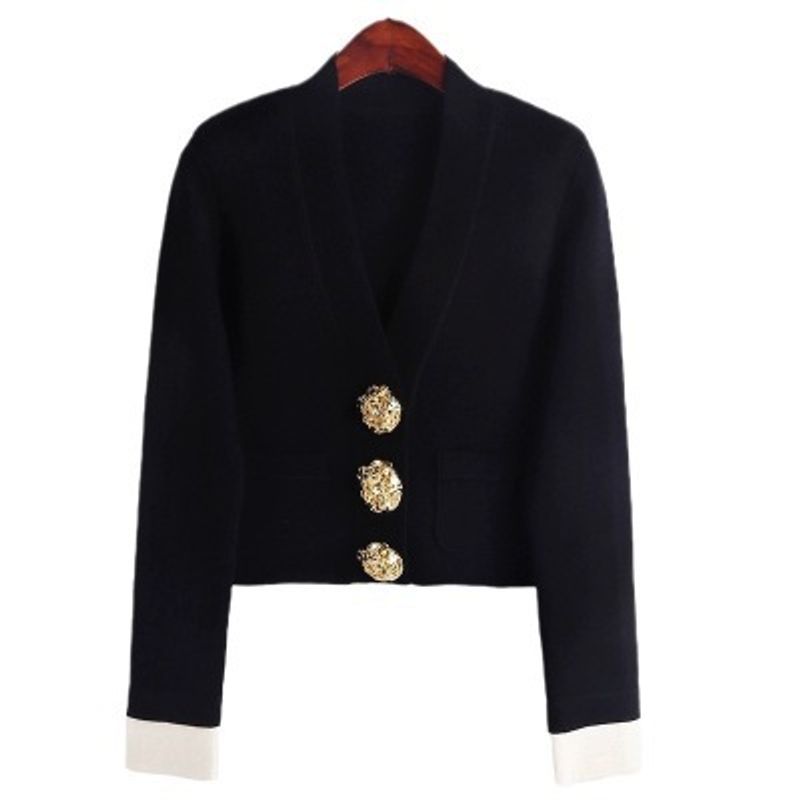 Damenbekleidung Leichte Luxus-Strickjacke, neuer schwarz-weißer Kontrast-Goldknopf, V-Ausschnitt_voghion.com