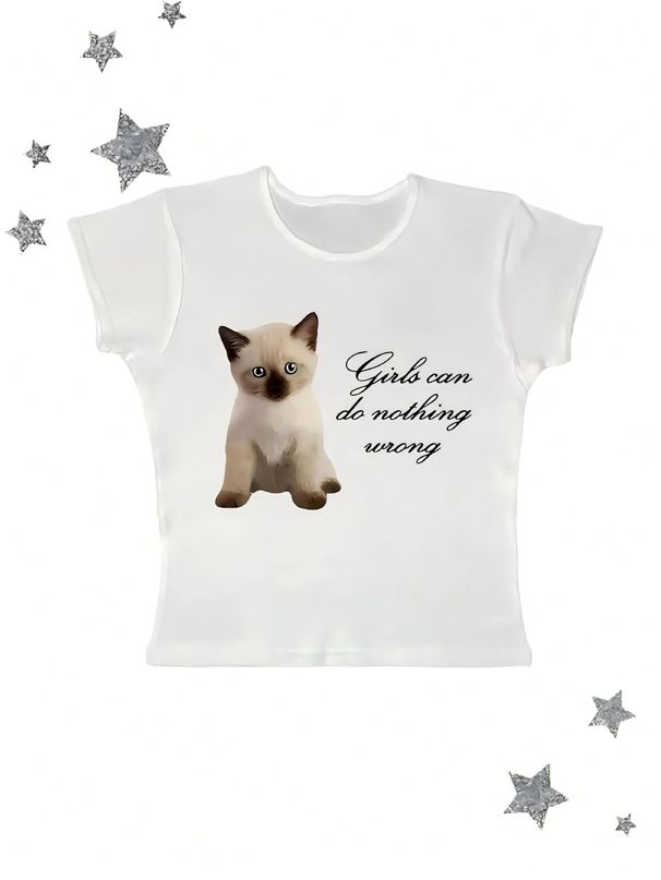 T-shirt court à manches courtes pour femme, style Y2K, imprimé animal chien, coupe slim, noir, sexy et tendance._voghion.com