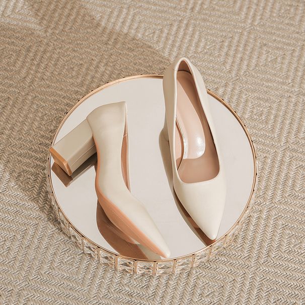 Franséisch Stil cremewäiss Héichhieler fir 2025 Nei Arrivée Elegant mëll Lieder Chunky Heel Net Midd Féiss Flats_voghion.com