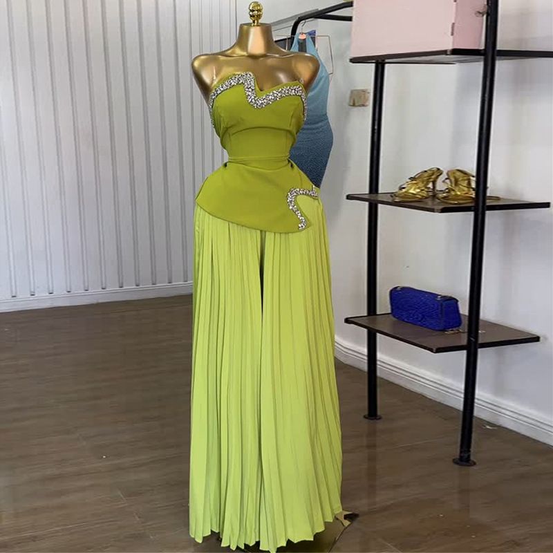Dameskleding Zomer Nieuwe Heavy Duty Tube Top Met Diamanten Onregelmatige Top Geplooide Wijde Broek Pak_voghion.com