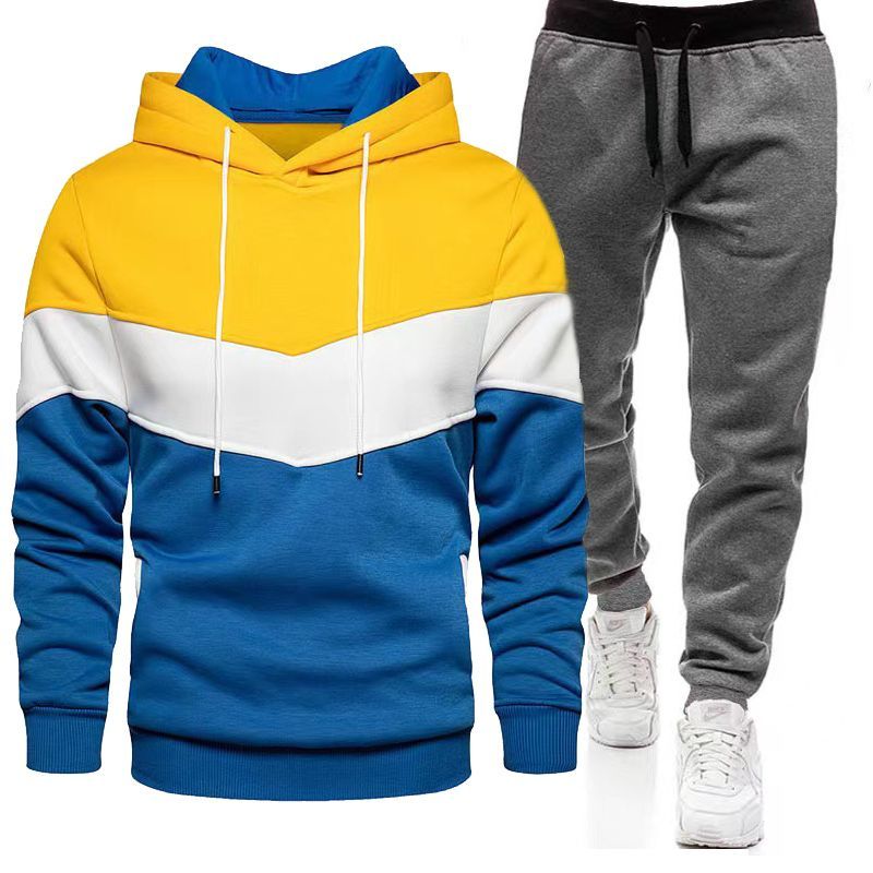 Sonbahar ve kış polar 3 renkli kapüşonlu sweatshirt kontrast sweatshirt+eşofman altı komple set, spor giyim erkek seti_voghion.com