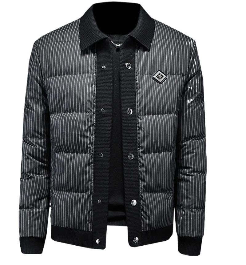 Knitted Shirt Collar down Jacket Men's 2024 Winter New Casual Thickening Fashion Brand Striped White Duck down Coat Men_voghion.com