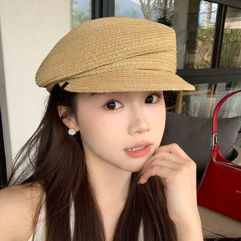 2025 Summer New Straw Beret Slim Face Sunscreen Duck Tongue Cap Nikki Fashion Elegant Women's Octagonal Hat_voghion.com