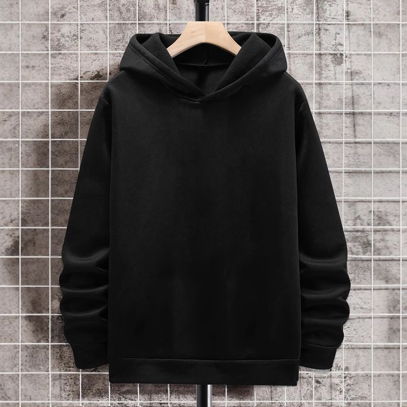 Herrenbekleidung Schwarzes einfarbiges Herren-Kapuzenpullover mit langen Ärmeln, einfaches Freizeithemd im neuen Stil, alle passend_voghion.com
