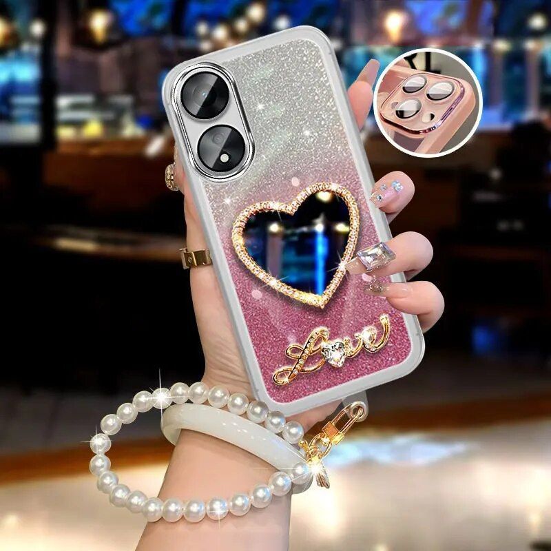 Perlenarmband für OPPO A58 Realme 11 4G Reno 7 10 Pro 7Z 8 Lite 5G A12 A5S Spiegelabdeckung Glänzende Glitzerhülle A 58_voghion.com