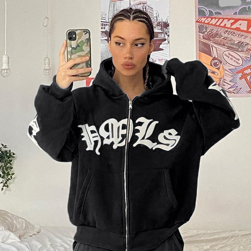 Women's street hoodie printed foam zipper hooded sweatshirt_voghion.com