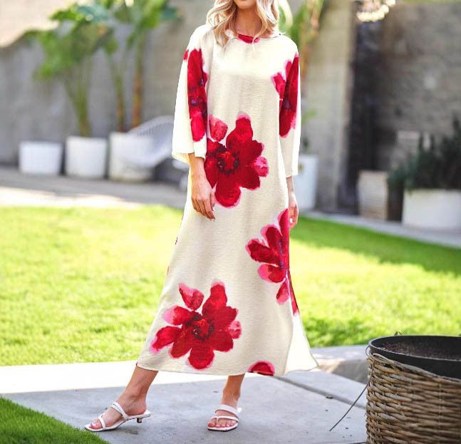 Atmungsaktives Maxikleid mit Blumendruck und 3D-Effekt – Locker sitzendes, lässiges Langarm-Tunikakleid für Damen_voghion.com