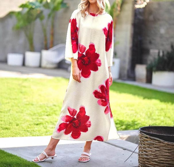 Atmungsaktives Maxikleid mit Blumendruck und 3D-Effekt – Locker sitzendes, lässiges Langarm-Tunikakleid für Damen_voghion.com