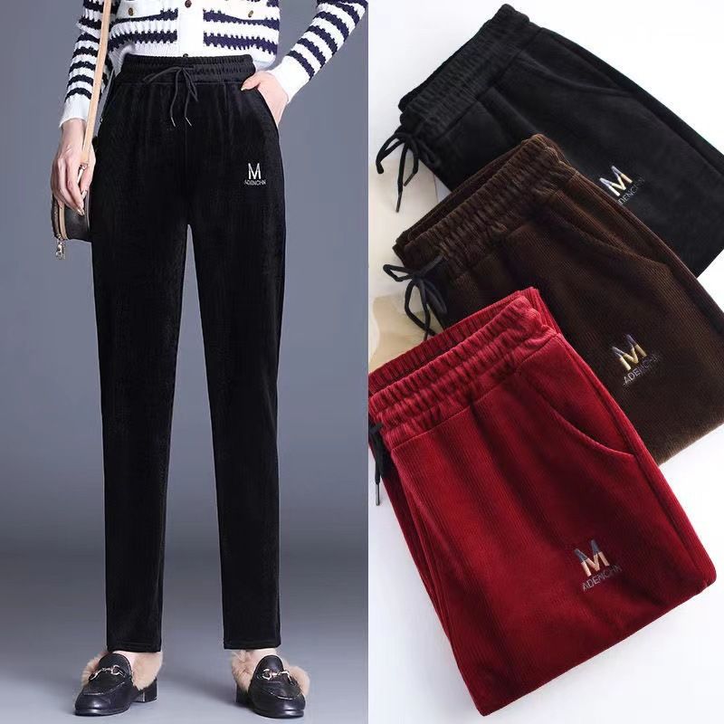 Îmbrăcăminte pentru femei Nou de vârstă mijlocie și vârstnici Pantaloni groși pentru mama pentru femei Pantaloni casual 5D din velur Pantaloni pentru femei cu benzi subțiri_voghion.com