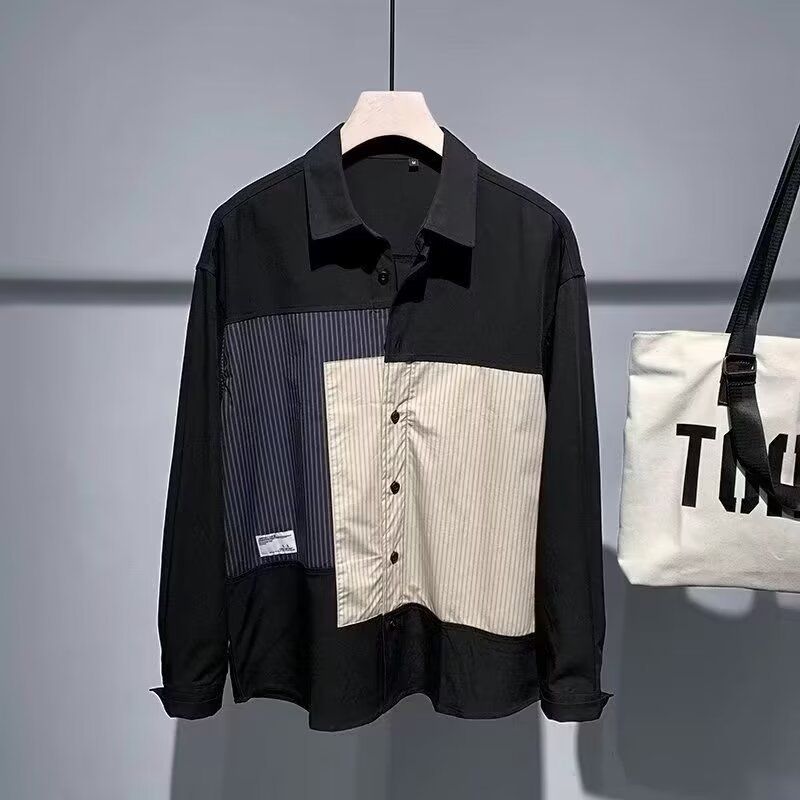 Herrenbekleidung, langärmeliges Freizeithemd, Vintage-Hemd mit lockerer Passform und Farbblockdesign, leichtes Polyester, maschinenwaschbar_voghion.com