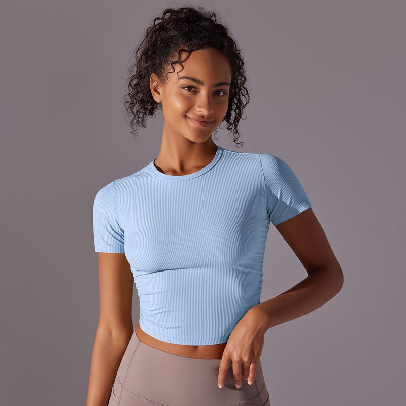 New Threaded Solid Color Tight High Elasticity Breathable Sports Short Sleeve T-shirt Running Fitness Yoga Clothing Top_voghion.com
