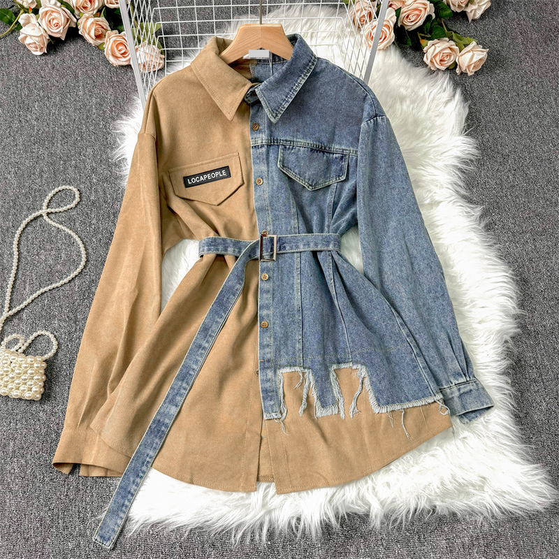 Ropa de mujer Vestido de solapa de mezclilla empalmado otoño e invierno nueva cintura adelgazante irregular camisa de longitud media 480g_voghion.com