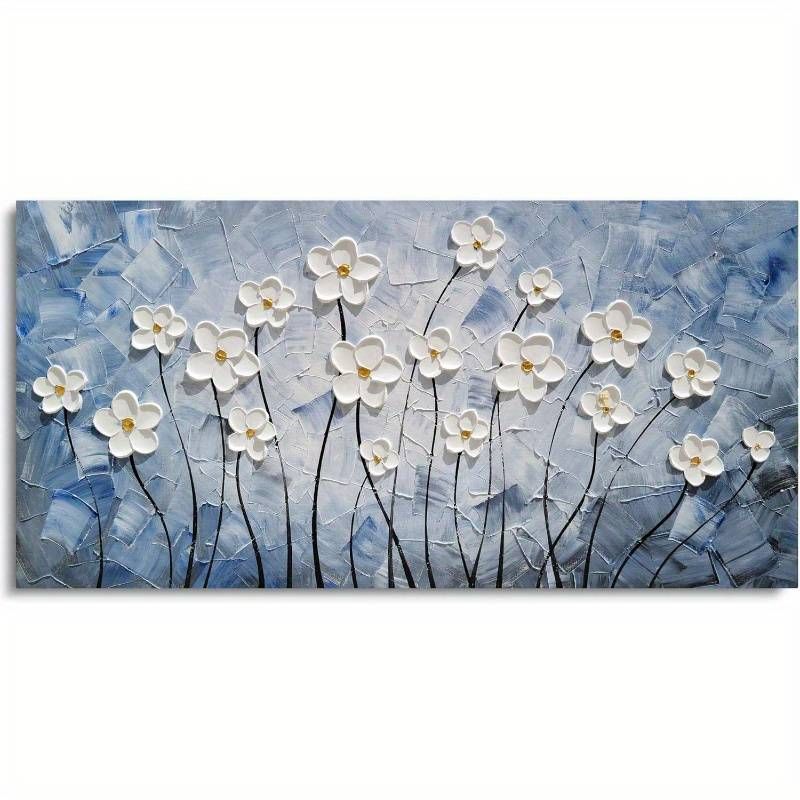 Abstract Floral Art Canvas Prints Painting|Blue And White Flowers With Yellow Centers | Contemporary Wall Decor For Living Room, Bedroom, Office_voghion.com