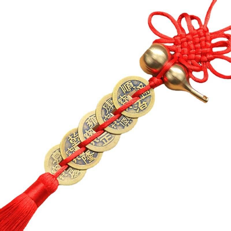 Feng Shui Brass Calabash With Open-Ended Coins & Knot Tassel | Chinese Coins Amulet For Home Blessing_voghion.com