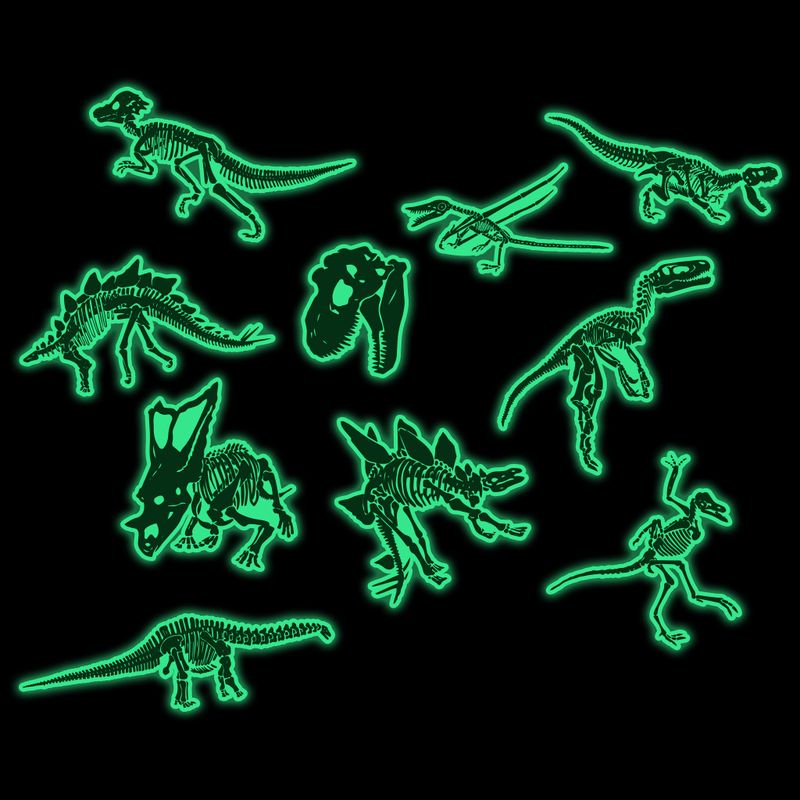 10 zelenih svjetlećih naljepnica za dječju sobu AFG3541 s kosturom dinosaura, crne boje_voghion.com
