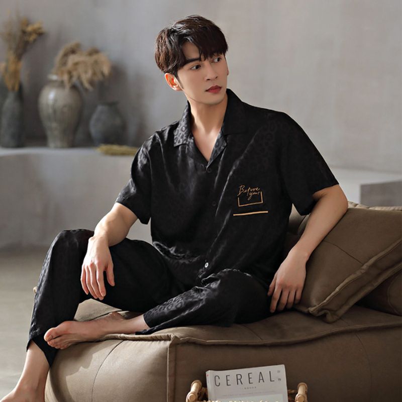 High quality leopard print ice pajamas for boys in summer 2024, thin short sleeved pants, simulated silk high-end home_voghion.com