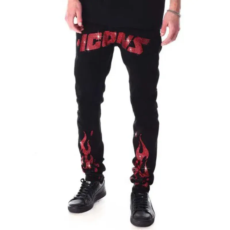 Jean noir extensible pour homme, Slim, coupe Slim, Punk, Streetwear, pantalon de motard, trou en strass, lettre_voghion.com