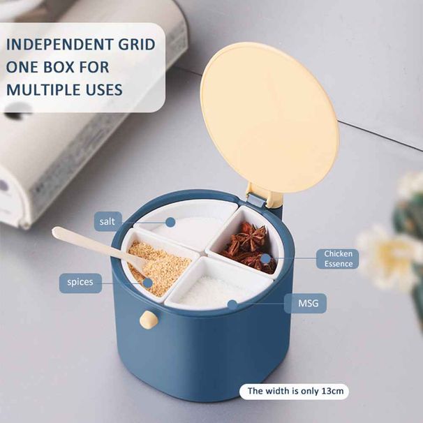 2er-Set multifunktionale, kreative Gewürzbehälter mit Löffel, Aufbewahrungsbox für Zucker, Salz und Pfeffer, vier Fächer im Deckel, Küchenaccessoires_voghion.com