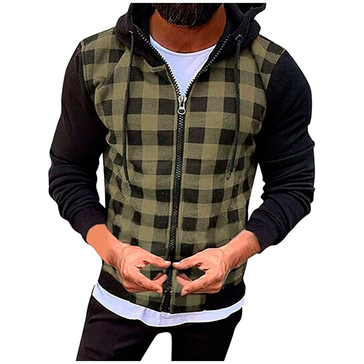  Giacca cardigan a maniche lunghe con cappuccio e polsini con cerniera scozzese casual da uomo_voghion.com