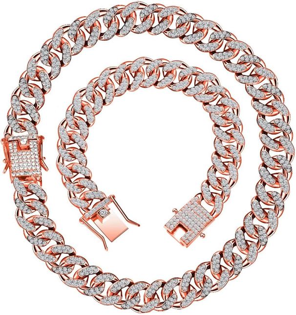 Hicarer 2 Pieces Cuban Link Chain For Men Women Cuban Necklace Bracelet Heavy Strong Link Chain Bling Unisex_voghion.com