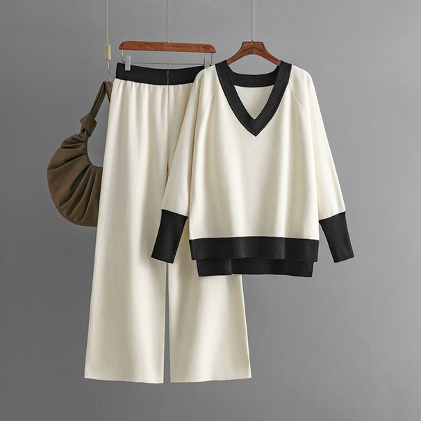 Europäische und amerikanische Mode Freizeitanzüge für Damen Herbst und Winter 2024 neuer V-Ausschnitt Kontrastfarbe Strickpullover lockere Hose mit weitem Bein zweiteiliger Anzug_voghion.com