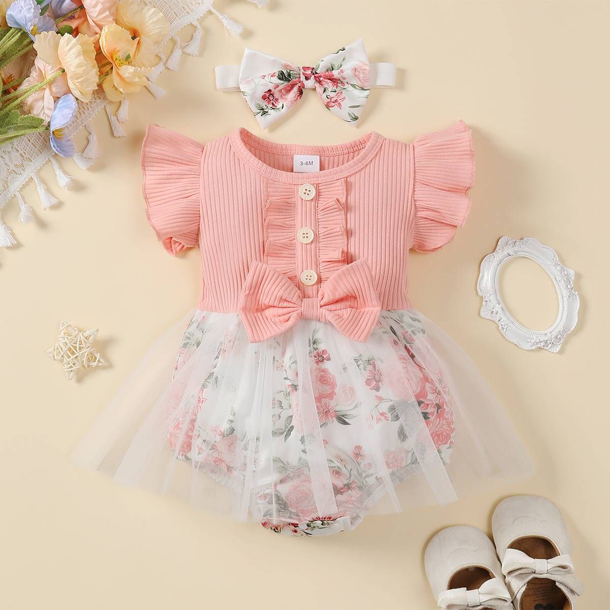 Abbigliamento per bambini, novità e prezzi più bassi: top a righe con tutina a triangolo in rete stampata per neonata_voghion.com