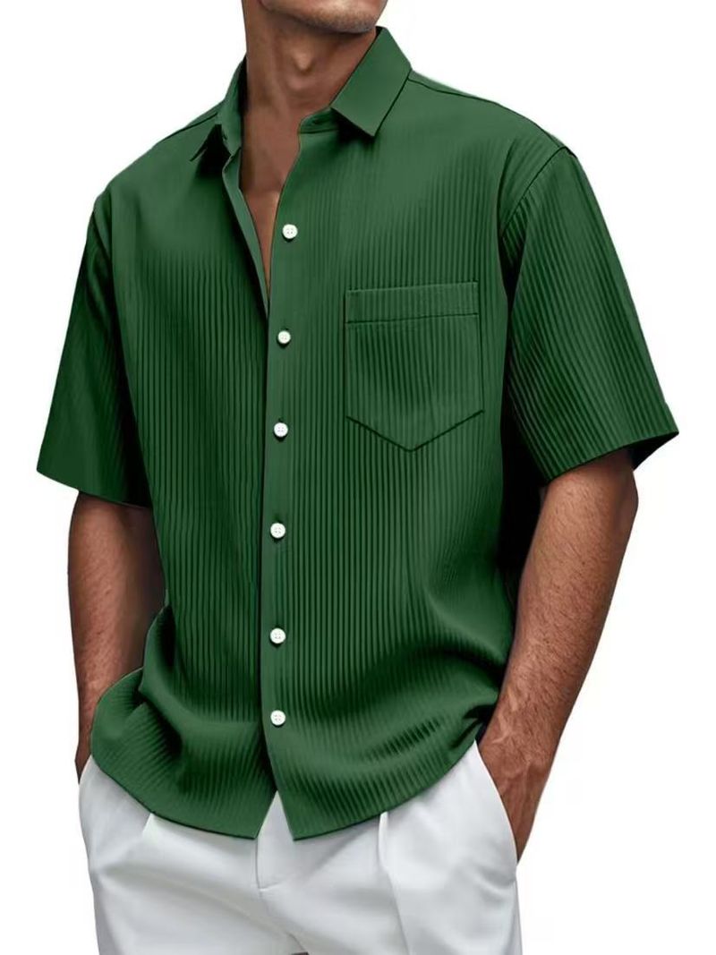 New Men's Solid Color Loose, Comfortable And Versatile Vertical Striped Short-sleeved Button Set_voghion.com