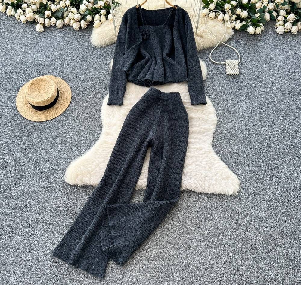 Elegantes 3-teiliges Herbst-Set für Damen – Camisole mit Blumenmuster, Strickjacke & High-Waist-Hose (Grau/Apricot, Einheitsgröße)_voghion.com