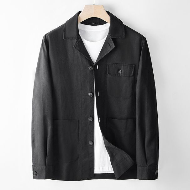 Tüm Mevsimlere Uygun Sonbahar İş Giyim Erkek Rahat Ceket Yaka, Küba Yaka ve Kıvrık Cepli Twill Pamuklu Keten Bol Mont_voghion.com