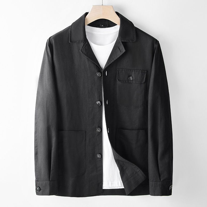 Giacca casual da lavoro autunnale adatta a tutte le stagioni per uomo, colletto, cappotto largo in twill di cotone e lino con colletto cubano e tasche ripiegate_voghion.com