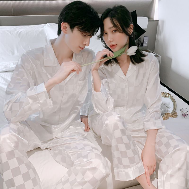 Couple's Sleepwear For Spring, Summer, And Autumn | Ice Silk Material Long Sleeve Pants Cool And Comfortable--Checkered White Style_voghion.com
