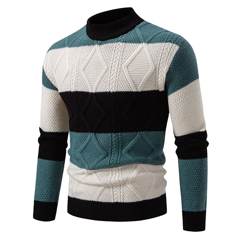 Maglione lavorato a maglia color-block da uomo con stemma ricamato, pullover invernale morbido e caldo, top casual ampio con scollo rotondo e maniche lunghe_voghion.com