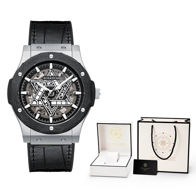 ROERDUM Cyber Series Hexagram Automatic Watch - Frosted Dial, Genuine Leather Strap, Mechanical Movement Mens Fashion Wristwatch_voghion.com