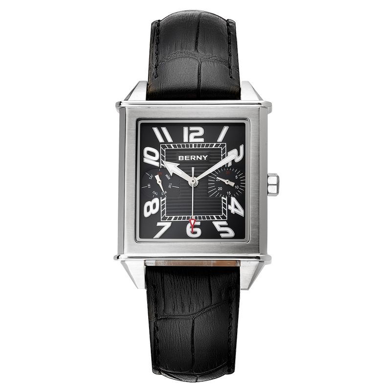BERNY Lederuhren für Herren, rechteckiges Gehäuse, leicht ablesbare analoge Quarzuhr mit Tag- und Datumsanzeige, leuchtender Edelstahl-Armbanduhr, wasserdicht_voghion.com